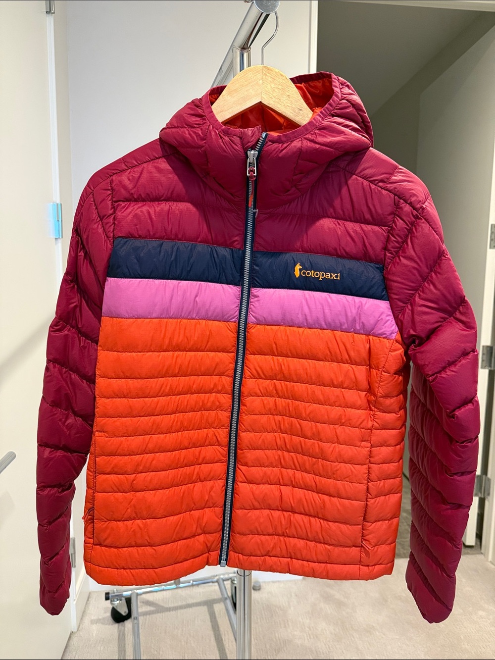 cotopaxi women’s Puffer Jacket in Burgundy, Orange & Pink